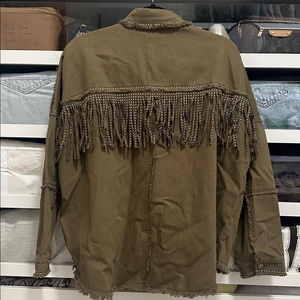 Zara Green Studded Fringe Shacket Overshirt - Picture 5 of 5